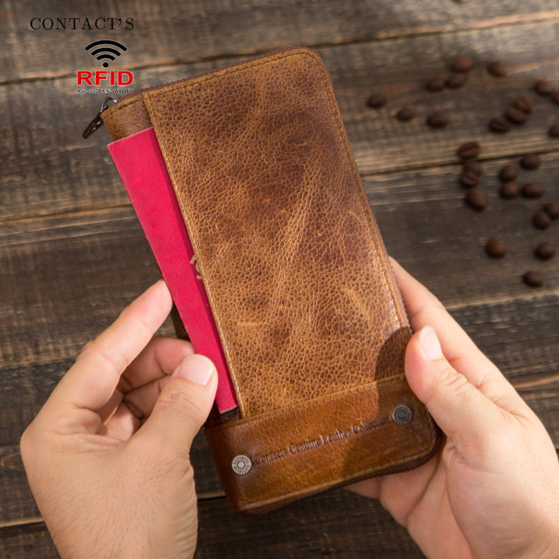 Anti-theft Swiping Men's Long Leather Men's Zipper Bag